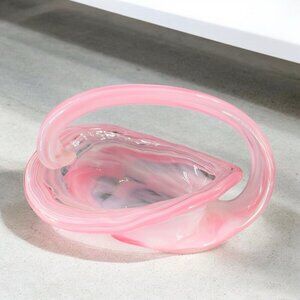 Vintage Sooner Glass Hand Made Pink Swirls Dish Bowl With Handle Basket Handmade